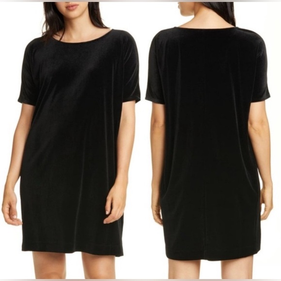 EILEEN FISHER Velvet Short Sleeve Sheath Dress in Black Size Extra Small - Picture 3 of 8